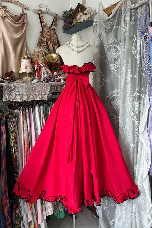 Red tube top lace waist slim A-line elegant long skirt ball gown R6151