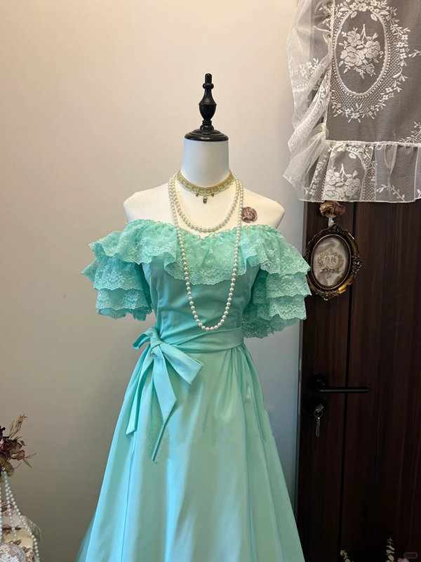 Green baby doll collar slim waist slimming cute long skirt homecoming dress R4329