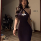 Deep purple halter neck, fitted waist, bodycon sexy long ball gown R7777