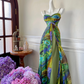 Yellow-green halter-neck high-waisted elegant long ball gown R6950