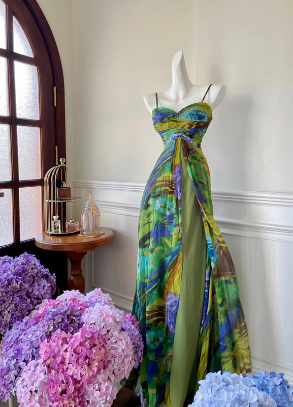 Yellow-green halter-neck high-waisted elegant long ball gown R6950