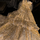 Gold sequined, fitted waist, cake skirt, long ball gown/bridal dress R8727