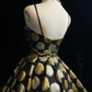 Black background circular pattern suspender waist puffy A-line skirt short skirt homecoming dress R4938