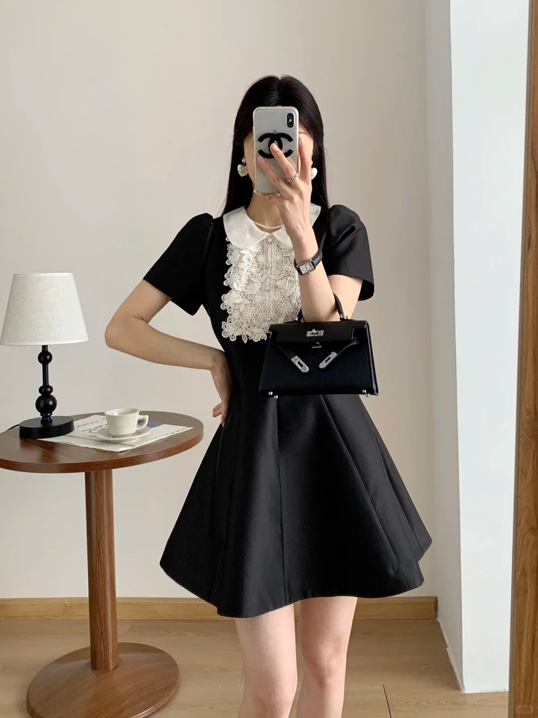 Black short skirt white formal neckline waist slim A-line short skirt homecoming dress R4208