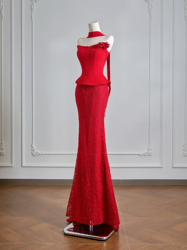 Red strapless fitted waist sexy top with lace bodycon skirt ball gown, wedding dress R8137