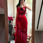 Pink retro floral print halter top, fitted waist, sexy long ball gown R7731