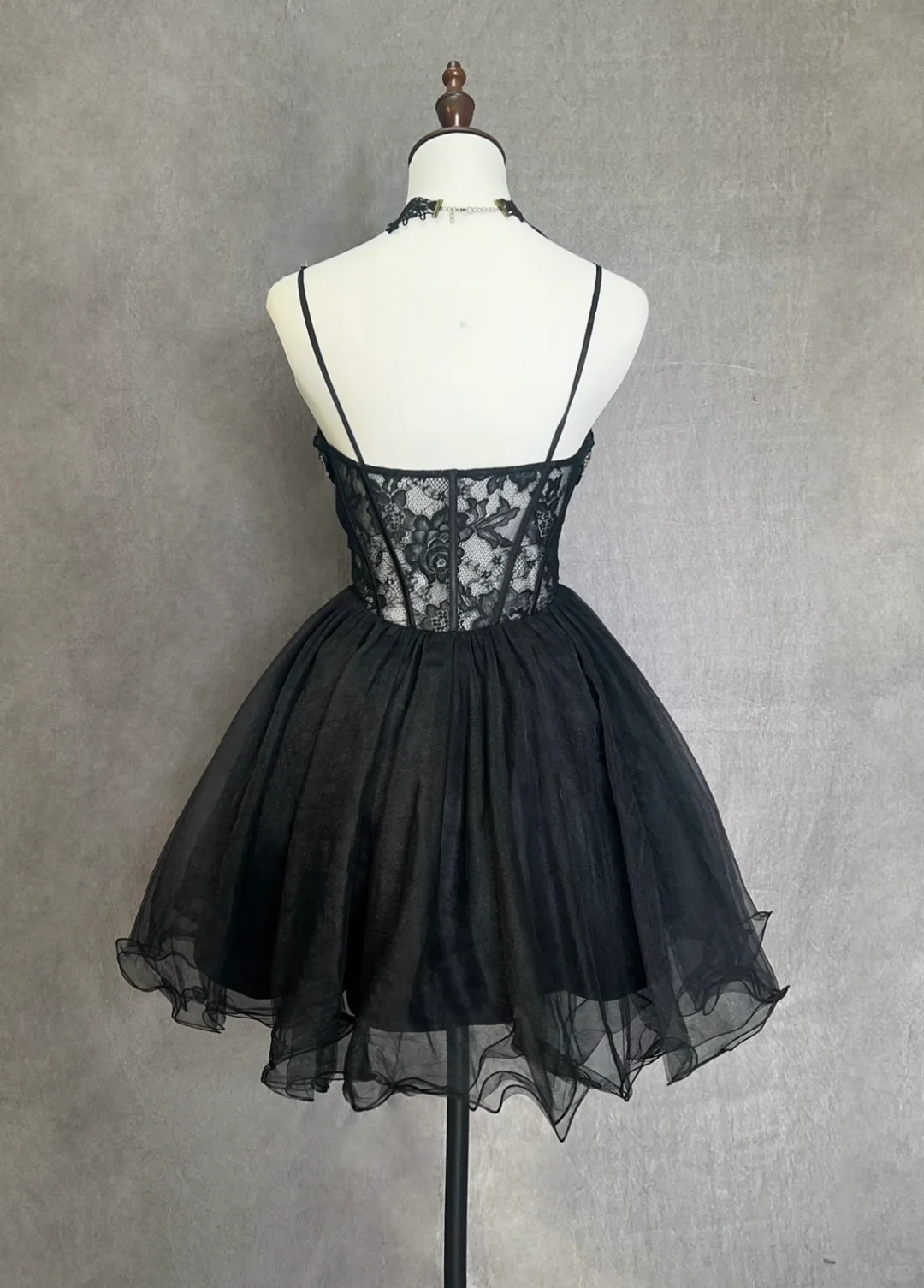 Black suspender diamond waist slim A-line short dress homecoming dress R4898