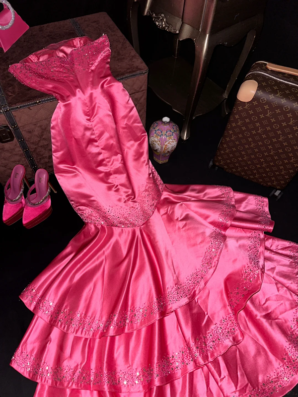 Pink strapless fitted mermaid skirt long ball gown R7029