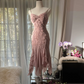 Light pink halter-neck fitted waist slim-fitting irregular hem midi ball gown R7706