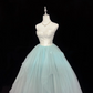 White strapless fitted bodice with light green tulle skirt, long ball gown R9057