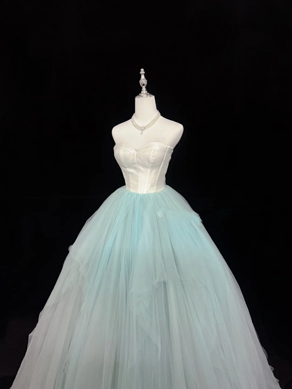 White strapless fitted bodice with light green tulle skirt, long ball gown R9057