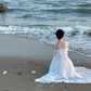 White spaghetti‑strap waist‑cinched long elegant prom gown R8016