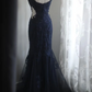 Navy blue halter-neck embroidered fitted waist bodycon long ball gown R6711