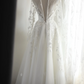 White sheer printed long-sleeved fitted ball gown R6790
