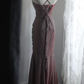 Dark red halter-neck, fitted, pleated, fishtail skirt, long ball gown R6751