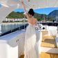 White Spaghetti Strap Waist-Cinched Fitted High-Slit Sexy Floor-Length Prom Dress R7110
