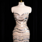 Light apricot base with silver sequins, strapless, fitted long ball gown, bridal dress R8907