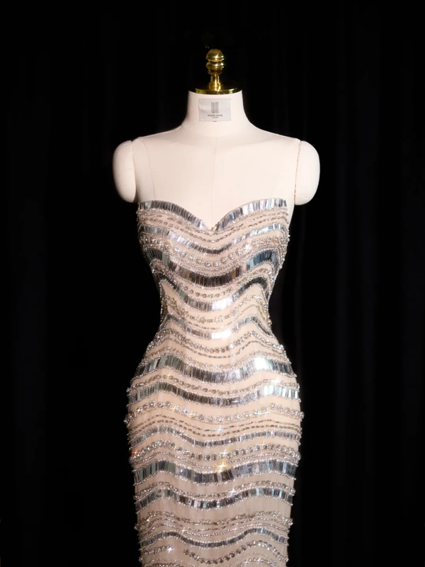 Light apricot base with silver sequins, strapless, fitted long ball gown, bridal dress R8907