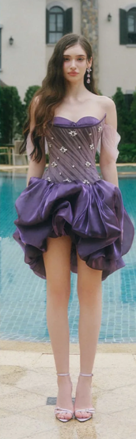 Charming purple tube top waist slim fit flower bud skirt irregular short skirt homecoming dress R4409
