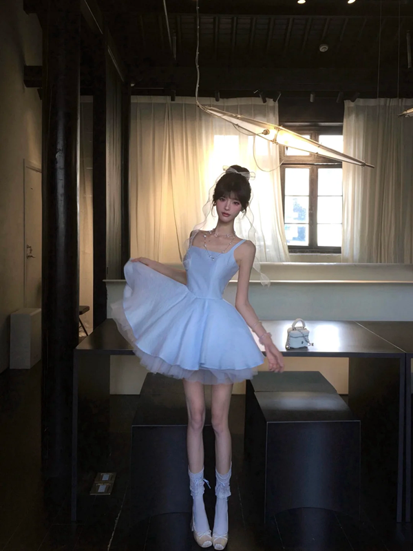 Light blue suspender satin waist slim fit princess skirt homecoming dress R5060