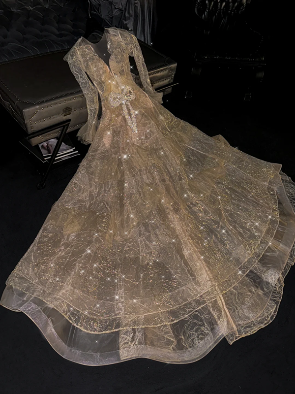 Gold V-neck long-sleeved fitted long sexy ball gown/bridal dress R8757