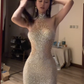 Light silver halter-neck sleeveless fitted waist bodycon sexy long ball gown R7550