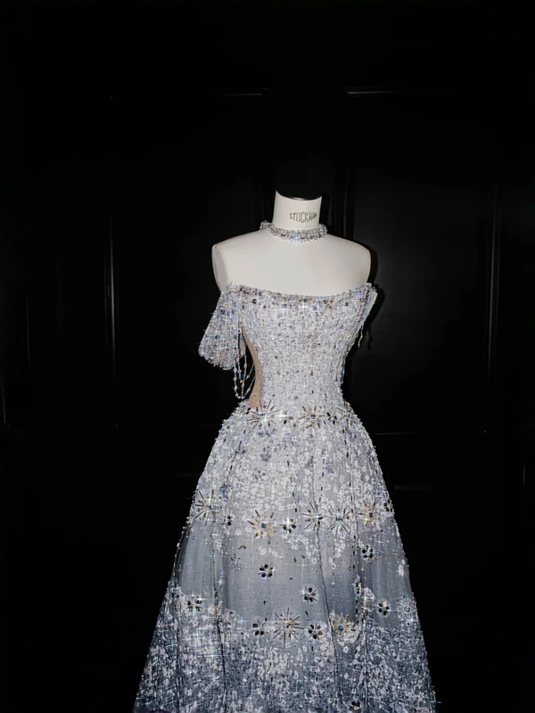 White one-shoulder diamond slim waist A-line elegant long skirt, prom dress R5640