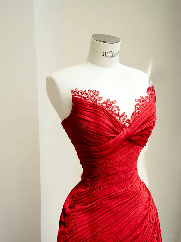 Red tube top pleated waist slim sexy long skirt, prom dress R5676