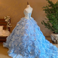 Light Blue Strapless Waist-Cinched Puffball Skirt Floor-Length Ball Gown, Bridal Gown R7356