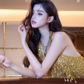 Gold halter neck rhinestone fitted waist sexy long ball gown R7070