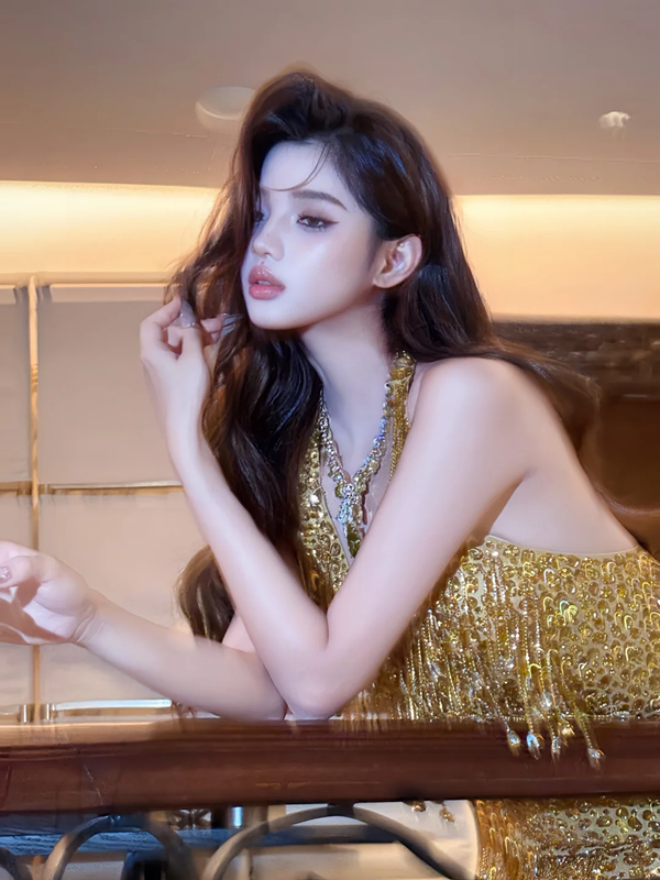 Gold halter neck rhinestone fitted waist sexy long ball gown R7070