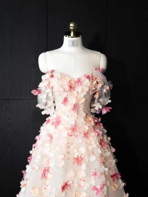 Pink floral off-the-shoulder fitted long ball gown, bridal dress R8967