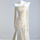 Light apricot strapless, fitted, pleated long ball gown R8271