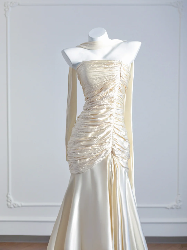 Light apricot strapless, fitted, pleated long ball gown R8271