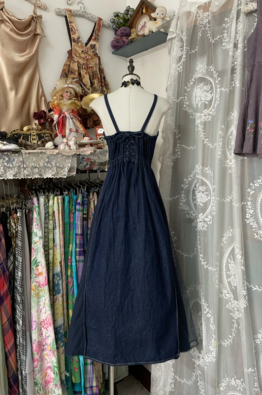Dark blue denim overalls fitted waist long dress, prom dress R6271