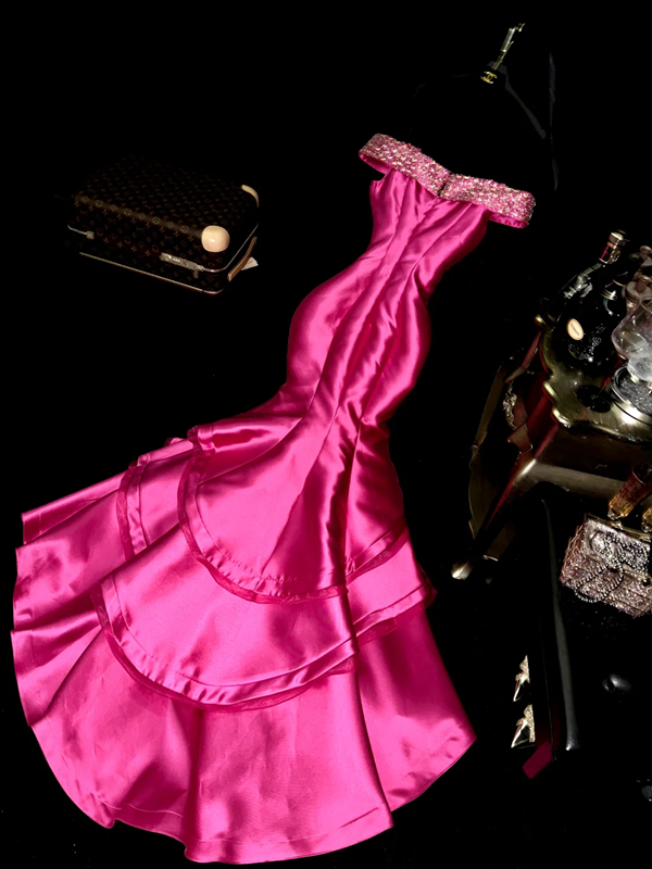 Rose pink off-shoulder fitted waist bodycon mermaid long ball gown R6990