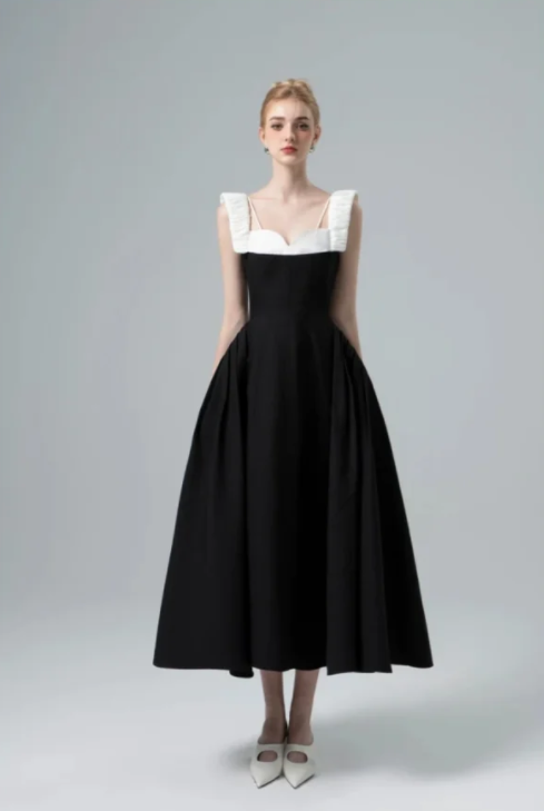 Elegant black and white patchwork waist slim A-line maxi homecoming dress R4816