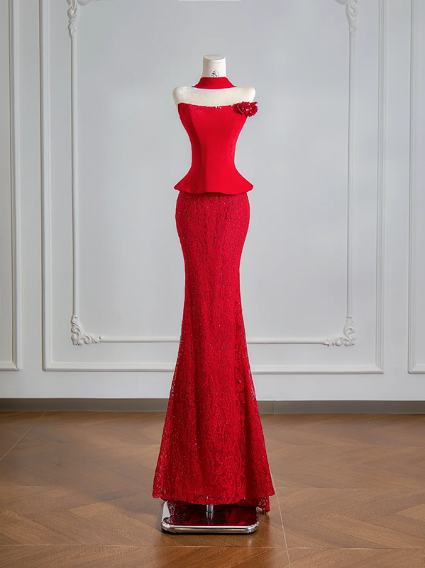 Red strapless fitted waist sexy top with lace bodycon skirt ball gown, wedding dress R8137