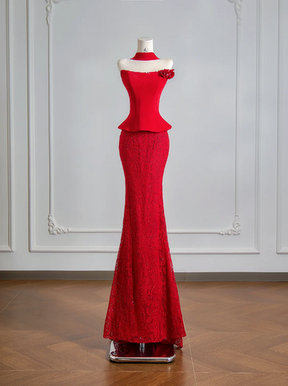 Red strapless fitted waist sexy top with lace bodycon skirt ball gown, wedding dress R8137