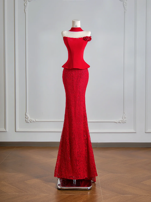 Red strapless fitted waist sexy top with lace bodycon skirt ball gown, wedding dress R8137