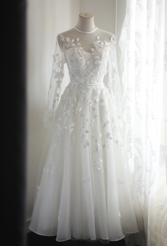 White sheer printed long-sleeved fitted ball gown R6790