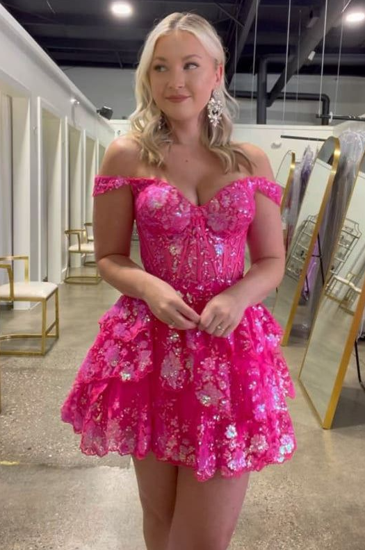 Sequins Glitter Flowy Women's Homecoming Dress Barbie Pink Corset Short Prom Dress Party Dress RS2478