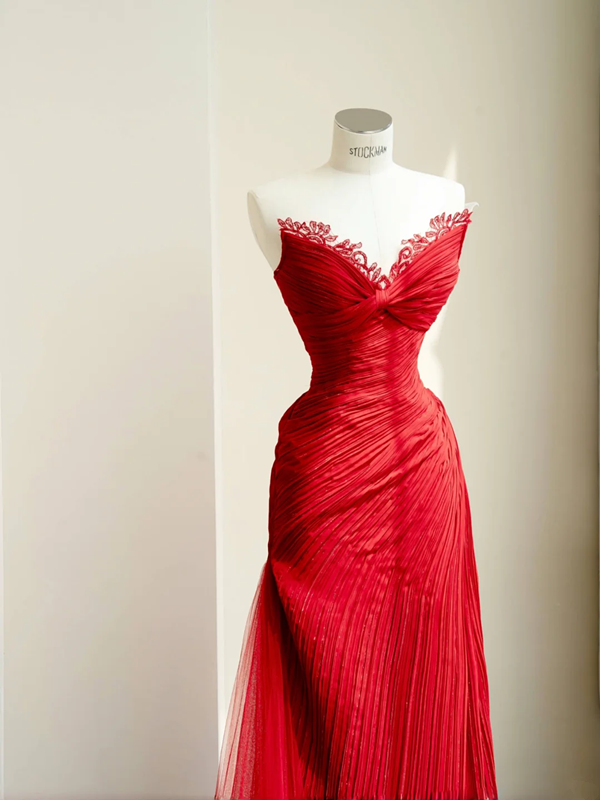 Red tube top pleated waist slim sexy long skirt, prom dress R5676