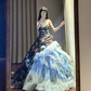 Black retro-style strapless, fitted waist ball gown with light blue tulle skirt R8634