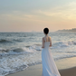 White spaghetti‑strap waist‑cinched long elegant prom gown R8016