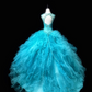 Light blue halter-neck fitted long ball gown with a flared skirt R8694