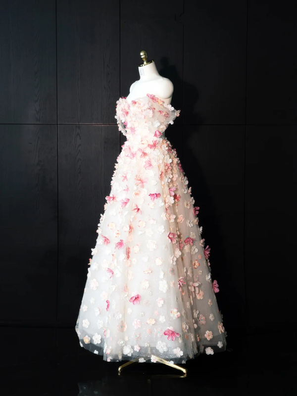 Pink floral off-the-shoulder fitted long ball gown, bridal dress R8967