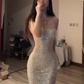 Light silver halter-neck sleeveless fitted waist bodycon sexy long ball gown R7550