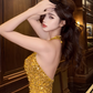 Gold halter neck rhinestone fitted waist sexy long ball gown R7070