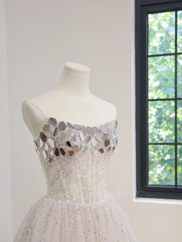 White sequined strapless, fitted waist, full skirt, long ball gown, bridal dress R8476
